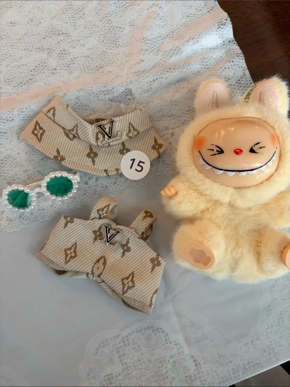 #15, Two Piece Light Brown LV Logo Outfit and Glasses For Labubu doll(No Doll)